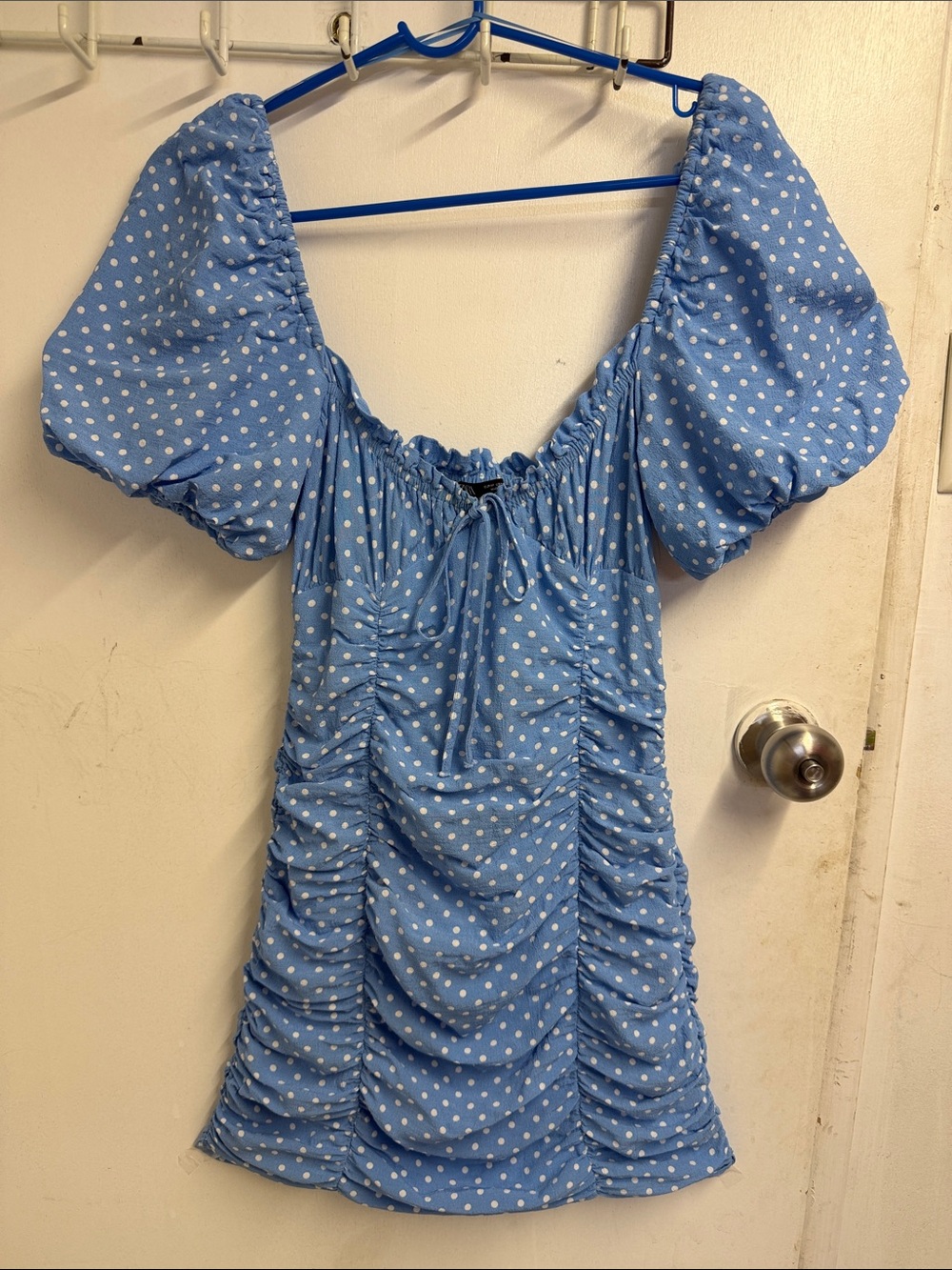 ZARA Blue Polka Dot Puff Sleeve Mini Dress zipper on one side